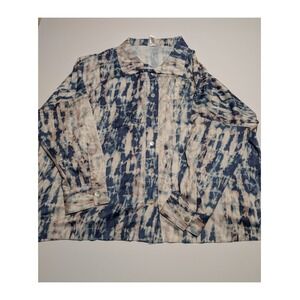 Wynne Layers Blue Abstract Tie Dye Button Down Shirt Womens 1X Long Sleeve Crepe